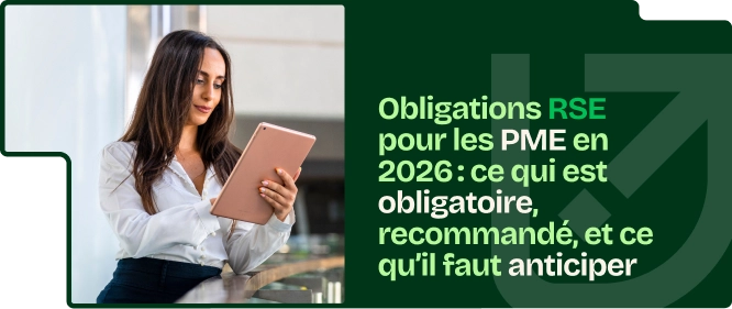 Dirigeante de PME consultant une tablette avec un visuel sur les obligations RSE pour les PME en 2026.