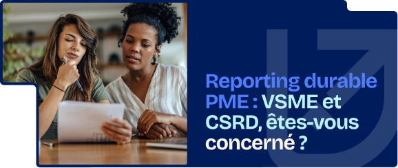 Deux dirigeantes de PME analysant un document sur le reporting durable, avec référence aux cadres VSME et CSRD.